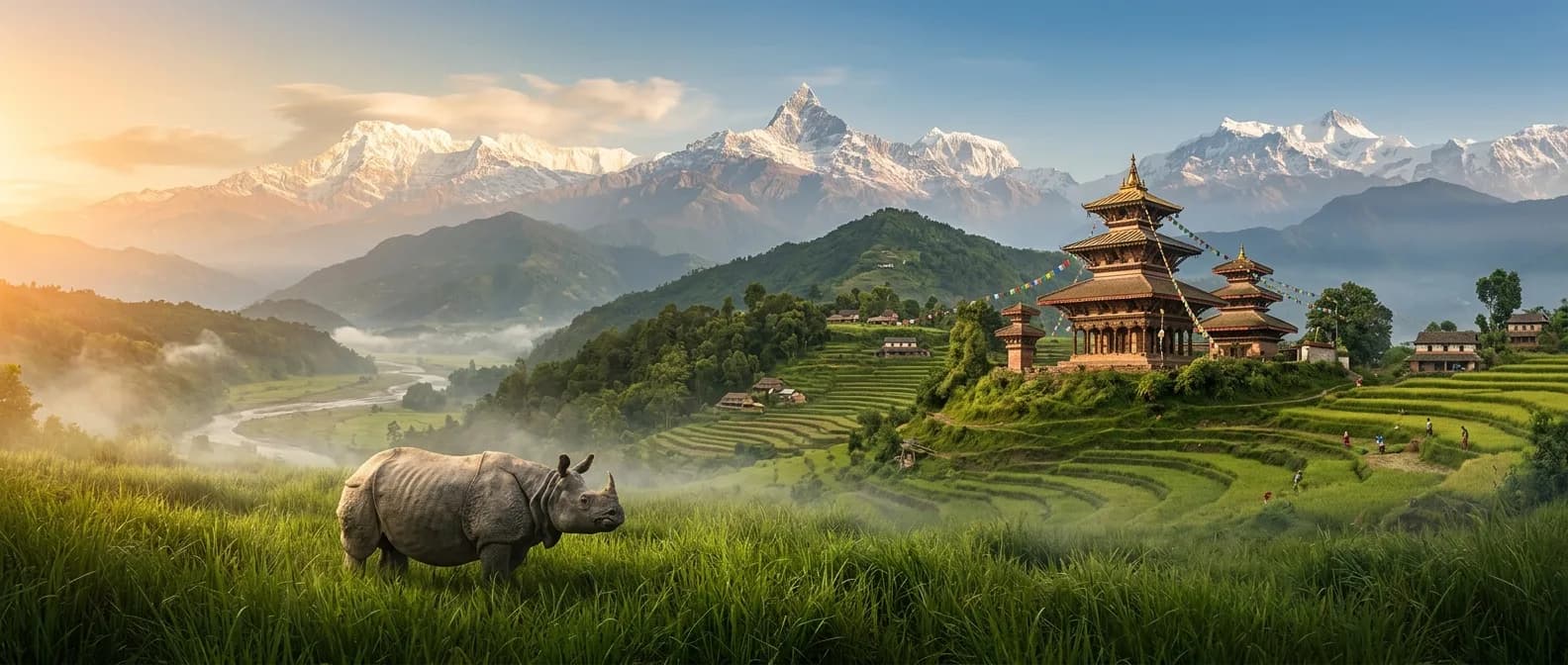 Golden sunset light over the snow-capped Himalaya